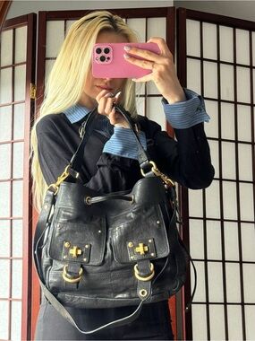 Juicy Couture Black Leather Shoulder Bag with Gold Hardware